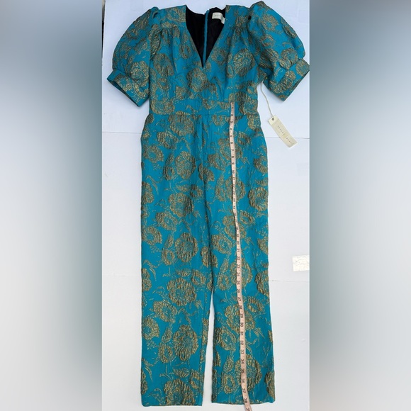 NWT Happy x Nature by Kate Hudson Teal & Gold Brocade Puff Sleeve Jumpsuit - Picture 14 of 15